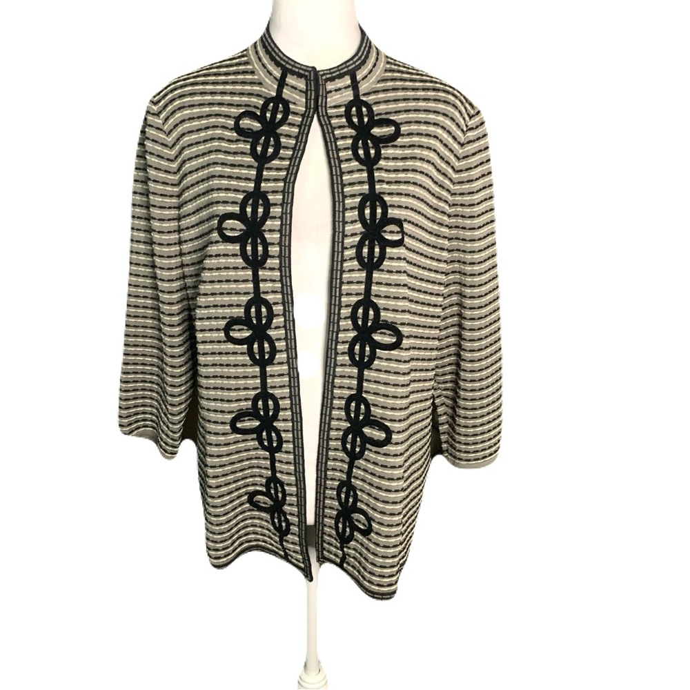 Ming Wang Womens Large Black Gray Striped Velvet Trim Quiet Luxury Knit Cardigan
